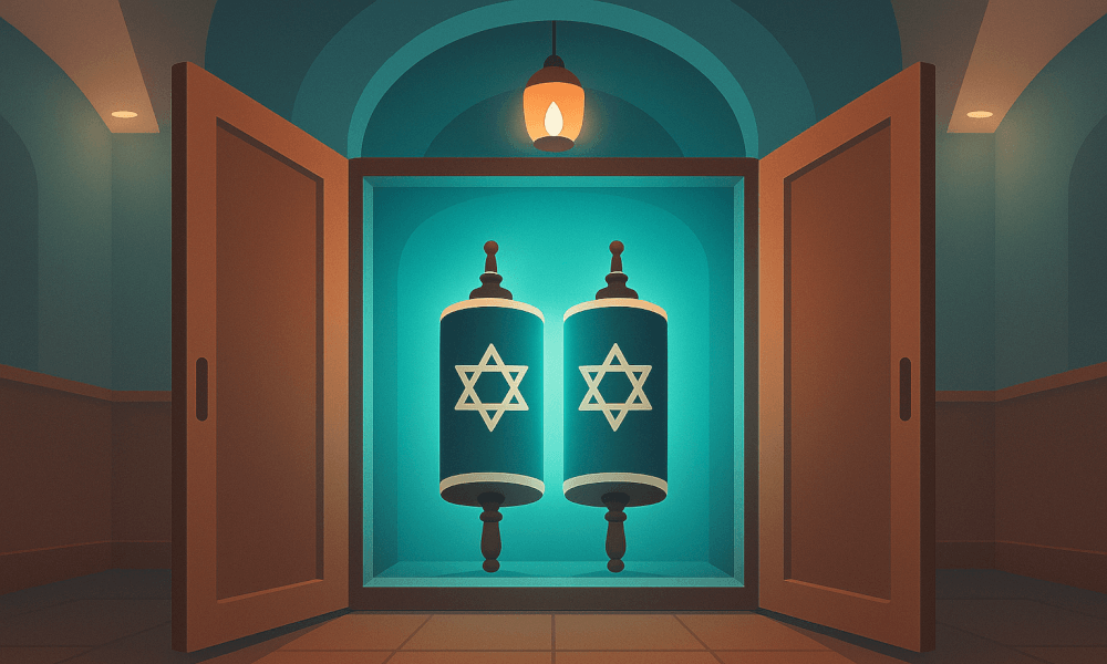 An illustrated aron kodesh featuring two Torah scrolls in a synagogue, showcasing the ornate design and significance of the Torah Ark.