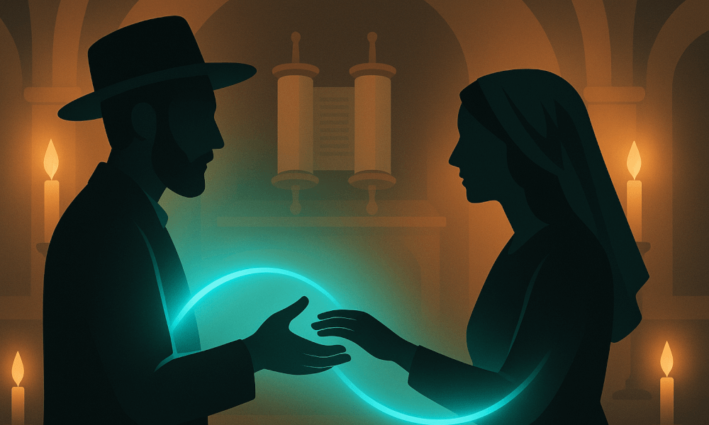 Illustration of a man and a woman holding hands with a glowing connection, symbolizing the Jewish concept of beshert and the spiritual relationship of soulmates.
