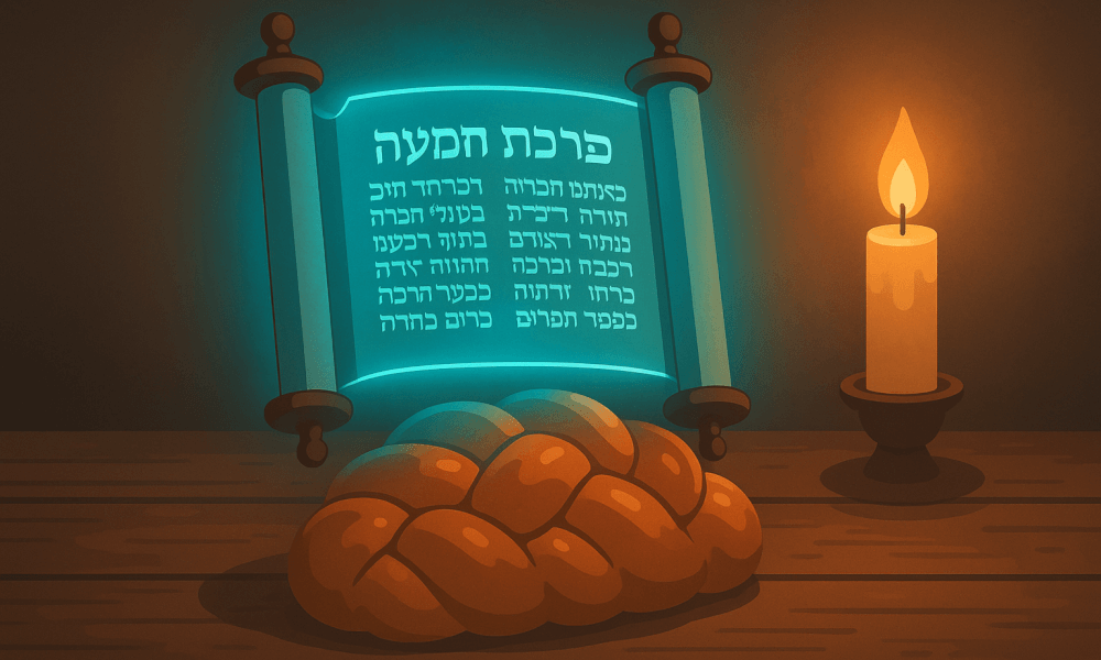 A decorative scroll displaying the text of Birchas Hamazon, accompanied by a candle and a freshly baked challah on a wooden table, symbolizing the Jewish grace after meals.