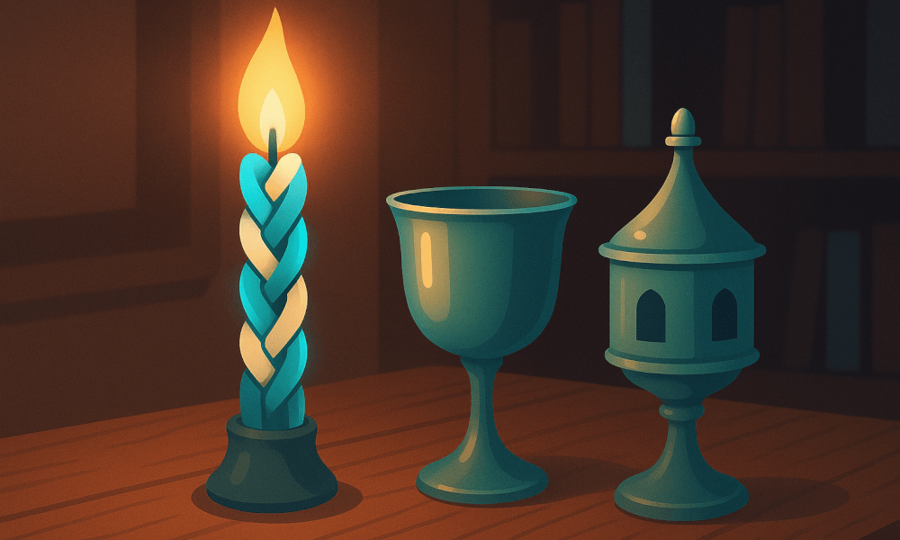 A Havdalah set consisting of a braided candle, a cup, and a spice container, symbolizing the end of Shabbat in Jewish tradition.