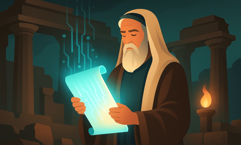 An illustration depicting the Prophet Isaiah reading a glowing scroll in an ancient setting, representing the significance of the Book of Isaiah in biblical scripture.