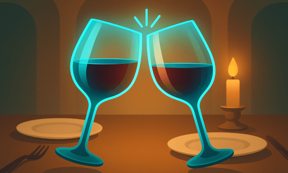 Two wine glasses clinking together in a toast, symbolizing the Jewish tradition of saying 'l'chaim' to celebrate life.
