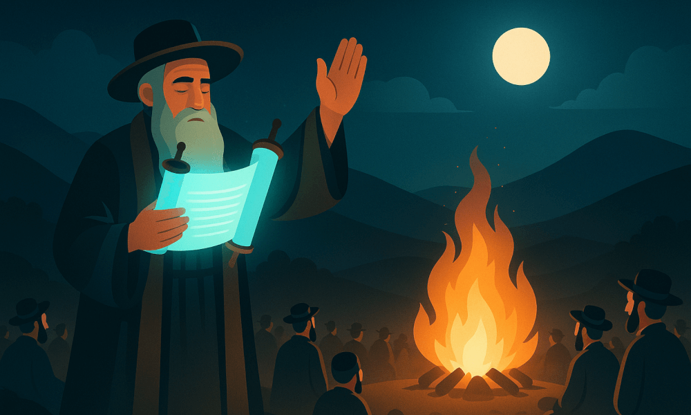 A group of people gathered around a large bonfire during Lag BaOmer celebration, with a figure reading from a Torah scroll under a full moon.