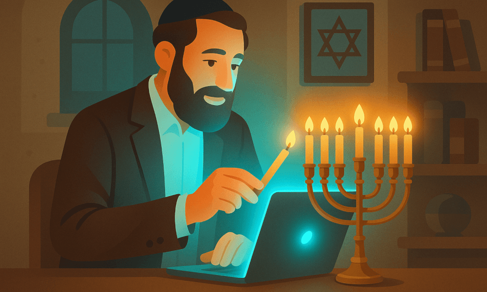 A person lighting a candle while using a laptop, symbolizing the Mourner's Kaddish prayer and Jewish mourning traditions.