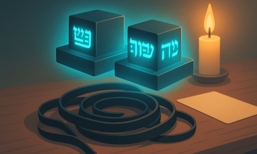 A Jewish tefillin box and straps arranged on a table with a candle, highlighting the significance of tephiline in Jewish tradition.
