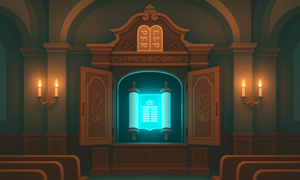 An ornate aron kodesh or Torah ark in a synagogue, featuring open doors with a glowing Torah scroll inside, surrounded by decorative elements and soft lighting.