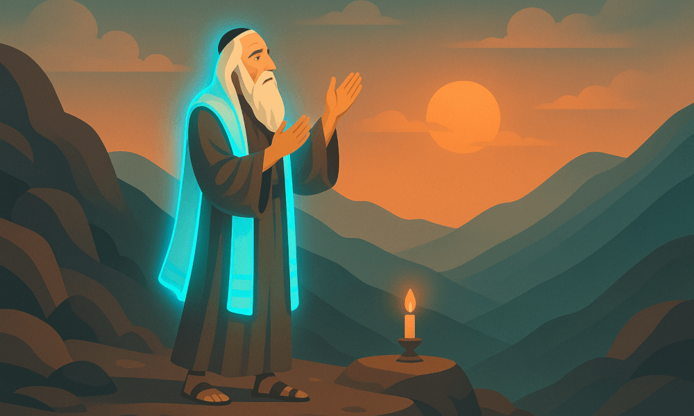 Illustration of a biblical prophet standing on a mountain, praying at sunset, symbolizing spiritual leadership in the Bible and depicting the role of prophets in conveying divine revelations.
