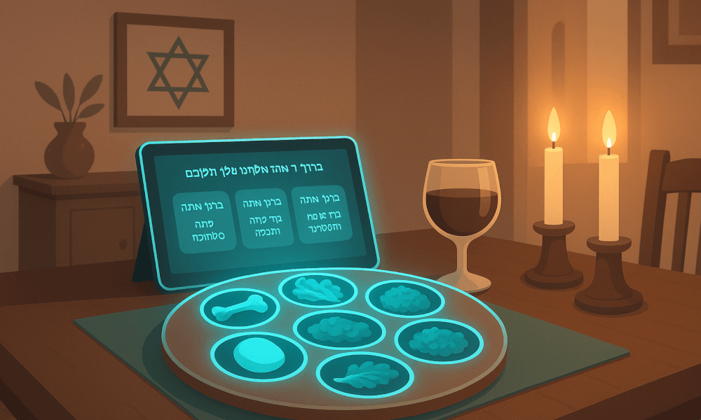 A digital tablet displaying the text of Birchas Hamazon on a beautifully set table with Jewish symbols, wine glasses, and traditional foods.