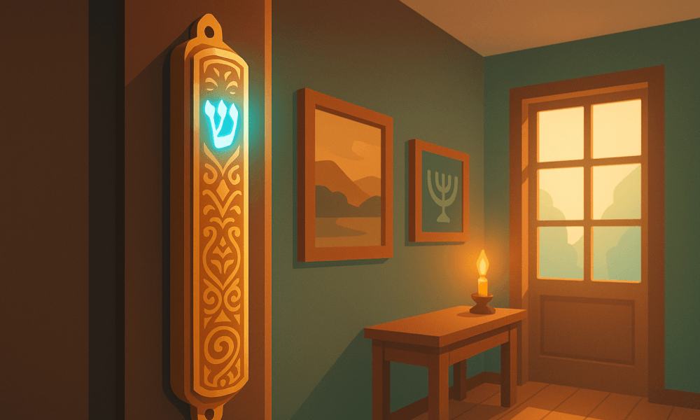 Interior of a cozy room with a candle and religious artwork, symbolizing the Jewish tradition of Birkat Hamazon, the prayer after meals.