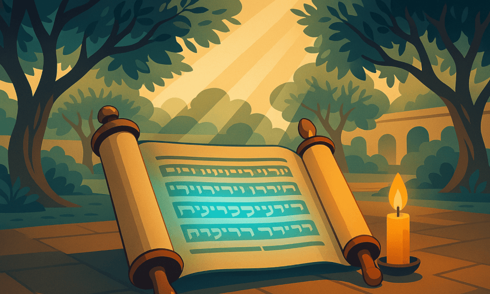 A beautifully illustrated scroll representing the Book of Ezekiel in an outdoor setting, surrounded by trees and a candle, symbolizing the ancient religious text and its significance.