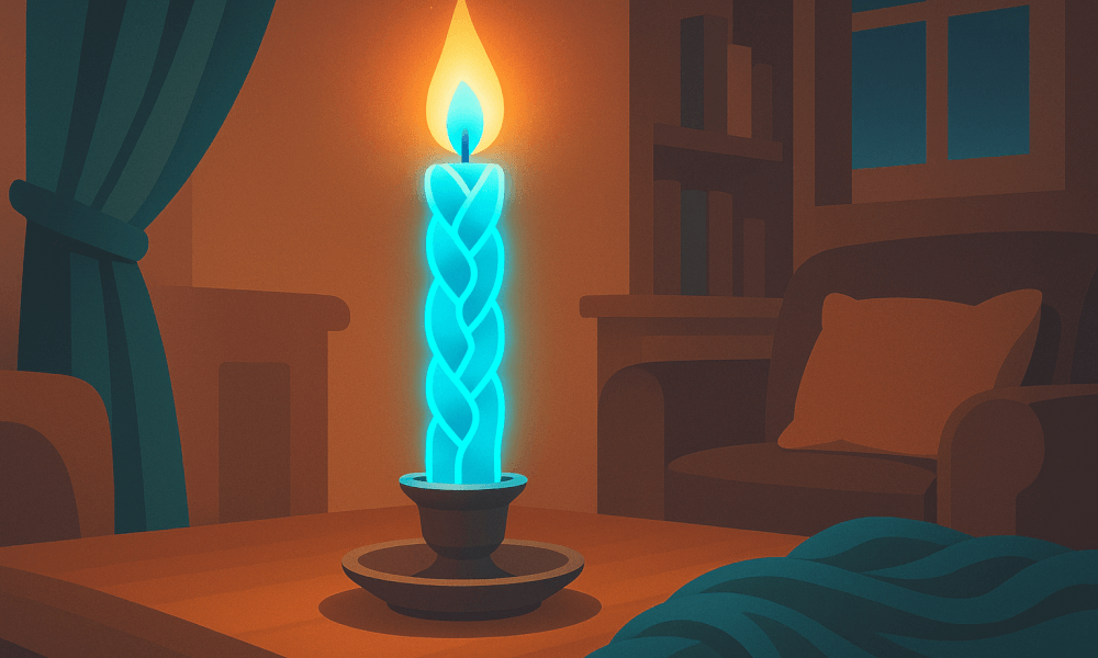A lit braided Havdalah candle placed in a holder on a table, symbolizing the end of Shabbat and the Havdalah ceremony, surrounded by a cozy living room setting.