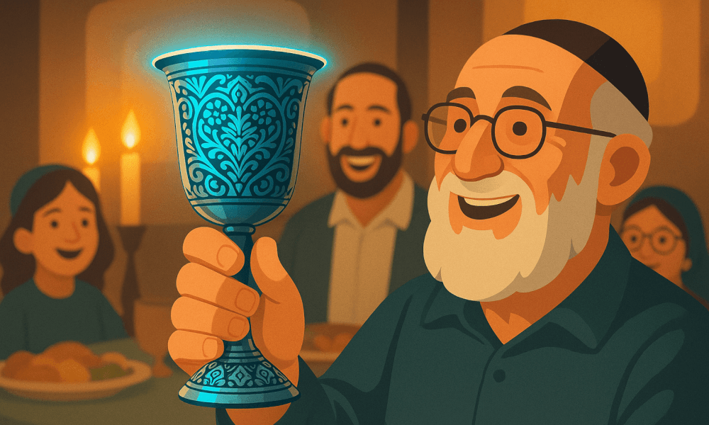 A joyful scene depicting a man holding a beautifully designed cup, celebrating with family over a traditional Jewish meal, symbolizing the celebration of life with the toast 'L'chaim'.