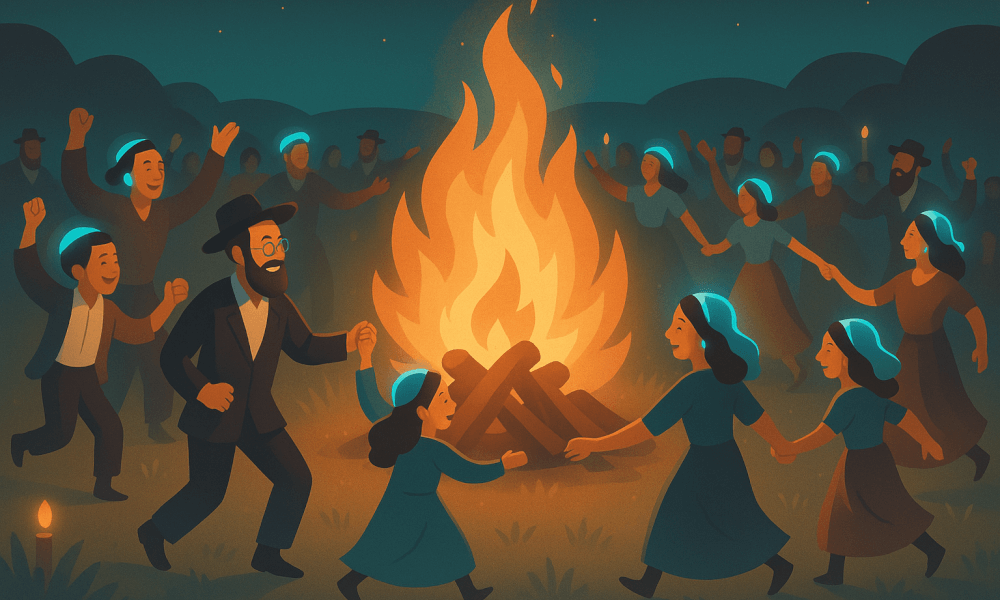 A joyful Lag BaOmer celebration around a bonfire with people dancing and celebrating together, highlighting the traditions and customs of this important Jewish holiday.