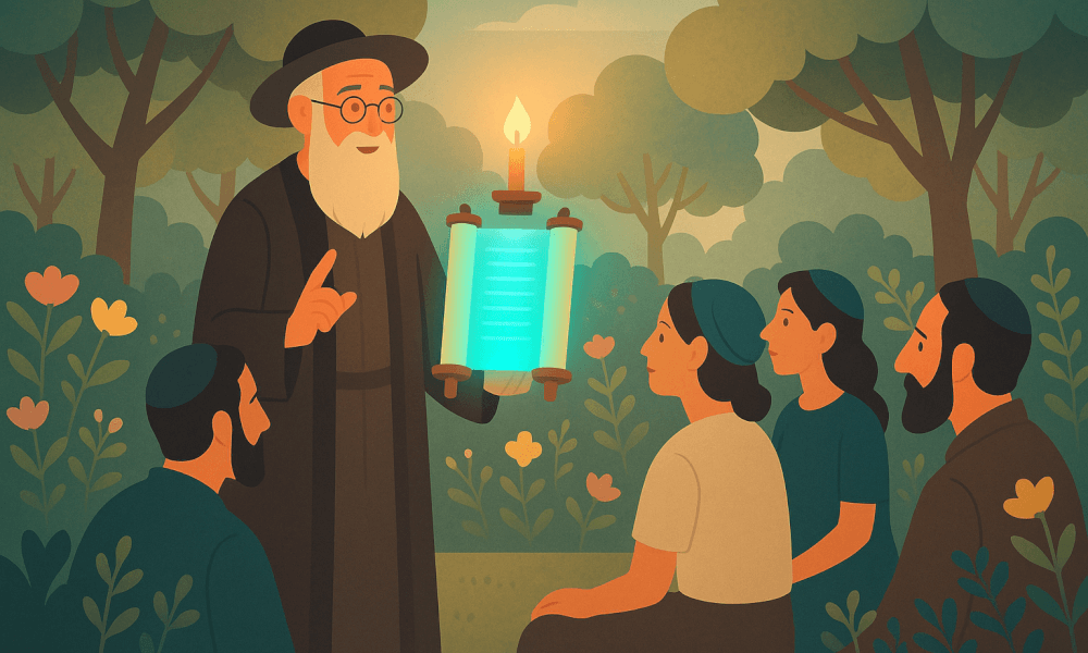 An educational gathering discussing lashon hara, a concept in Jewish ethics, featuring an elder teaching a group of people about the importance of guarding speech and avoiding harmful talk.