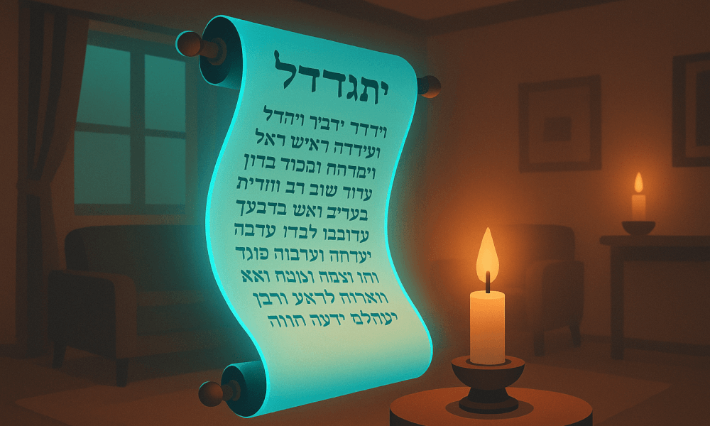 A beautifully lit candle beside a scroll displaying the Mourner's Kaddish in Hebrew text, symbolizing the Jewish mourning prayer tradition.