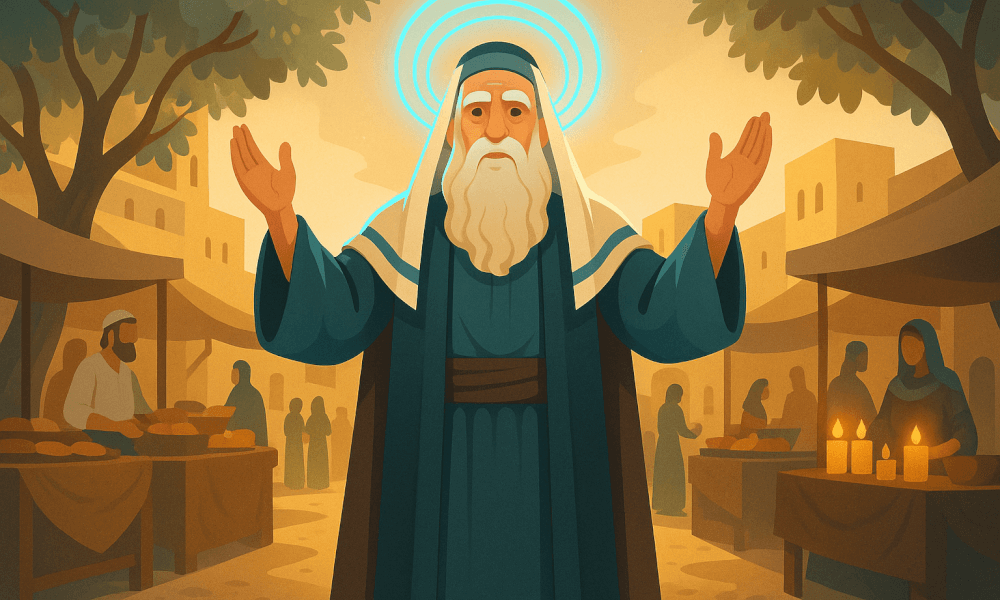 Illustration of Prophet Isaiah in a market setting, conveying his message, with an emphasis on themes from the Book of Isaiah.