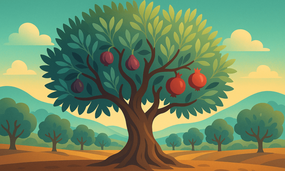 A vibrant illustration of a tree bearing figs and pomegranates, symbolizing Tu B'Shvat, the Jewish New Year for Trees, amidst a scenic landscape.