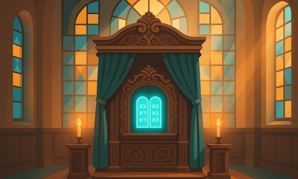 Illustration of an Aron Kodesh, or Torah Ark, featuring ornate design and curtains, set in a synagogue with warm lighting and candles.
