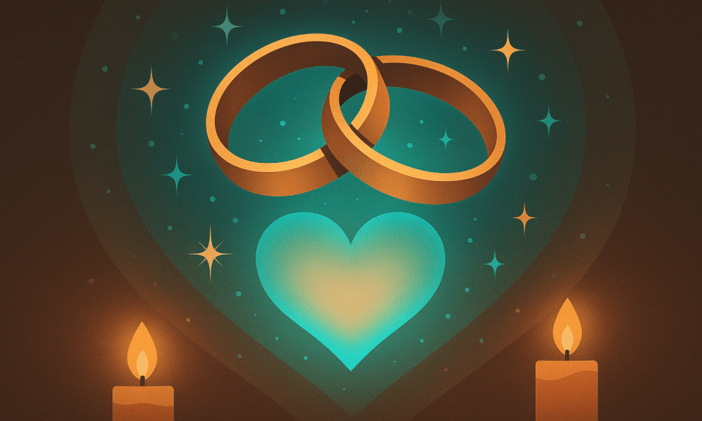 Stylized depiction of wedding rings above a glowing heart, representing the concept of beshert, or soulmate, in Jewish tradition.