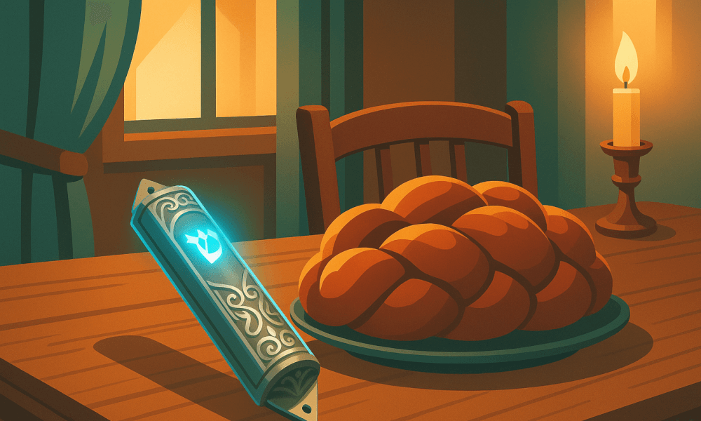 An artistic depiction of a table with a plate of challah and a candle, symbolizing the Jewish grace after meals known as Birchas Hamazon, featuring elements of traditional meal blessings.