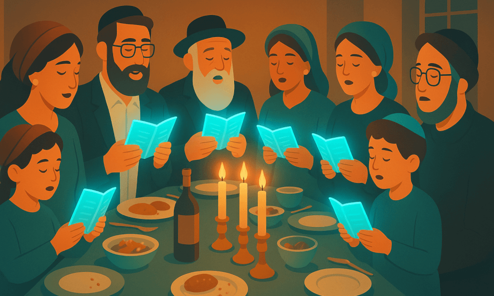 A family gathered around a table reciting Birkat Hamazon after a meal, with prayer books in hand and candles lit, reflecting Jewish meal traditions.