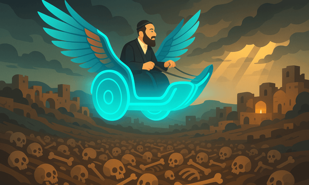 An artistic representation of Ezekiel, the biblical prophet, soaring over a valley of skeletons in a glowing chariot with wings, symbolizing the vision of the Book of Ezekiel.