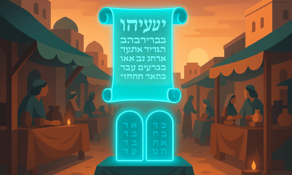 An artistic depiction of the Prophet Isaiah with a glowing scroll and two tablets inscribed in Hebrew, set against a marketplace background representing biblical times.
