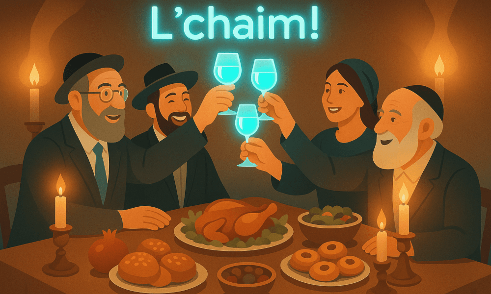 A joyful celebration featuring a group of people toasting with drinks at a table filled with food, with the text 'L'chaim!' illuminated above, representing the meaning of l'chaim in Hebrew.