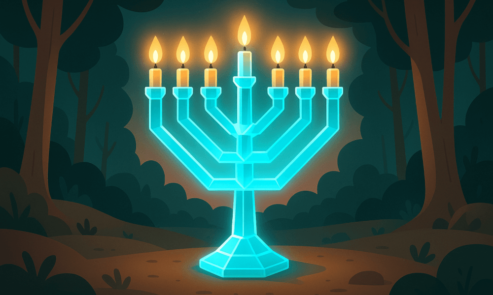 A glowing menorah symbolizing the Lag BaOmer celebration, surrounded by trees, representing Jewish tradition and the light of this religious holiday.