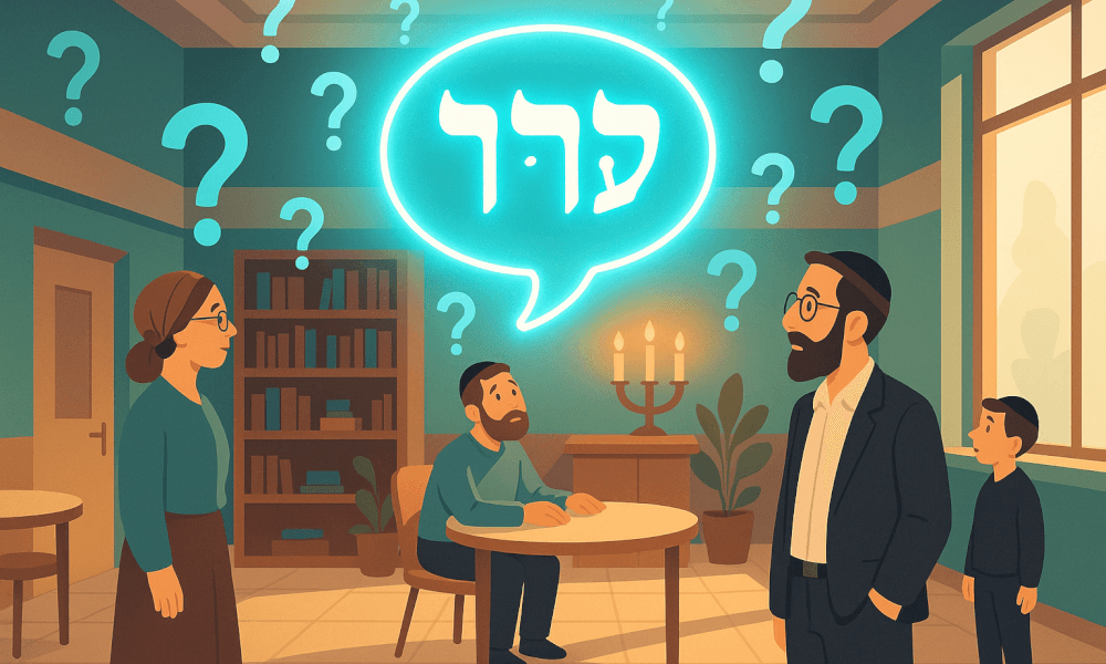 Illustration depicting a discussion on lashon hara in a Jewish setting, with individuals pondering the implications and meanings of harmful speech and ethical communication.