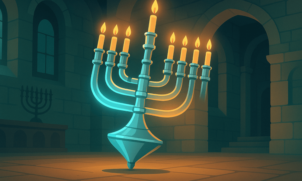 Menorah with candles lit, symbolizing the Mourner's Kaddish and Jewish prayer traditions.