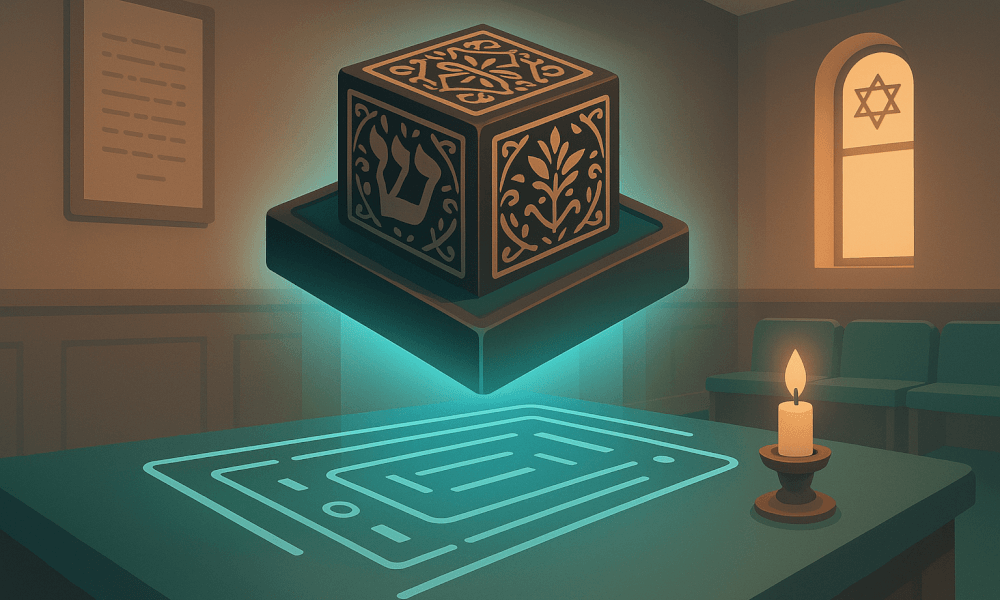 An ornate Tefillin box placed on a table in a softly lit room, symbolizing Jewish prayer practices with a candle softly glowing.