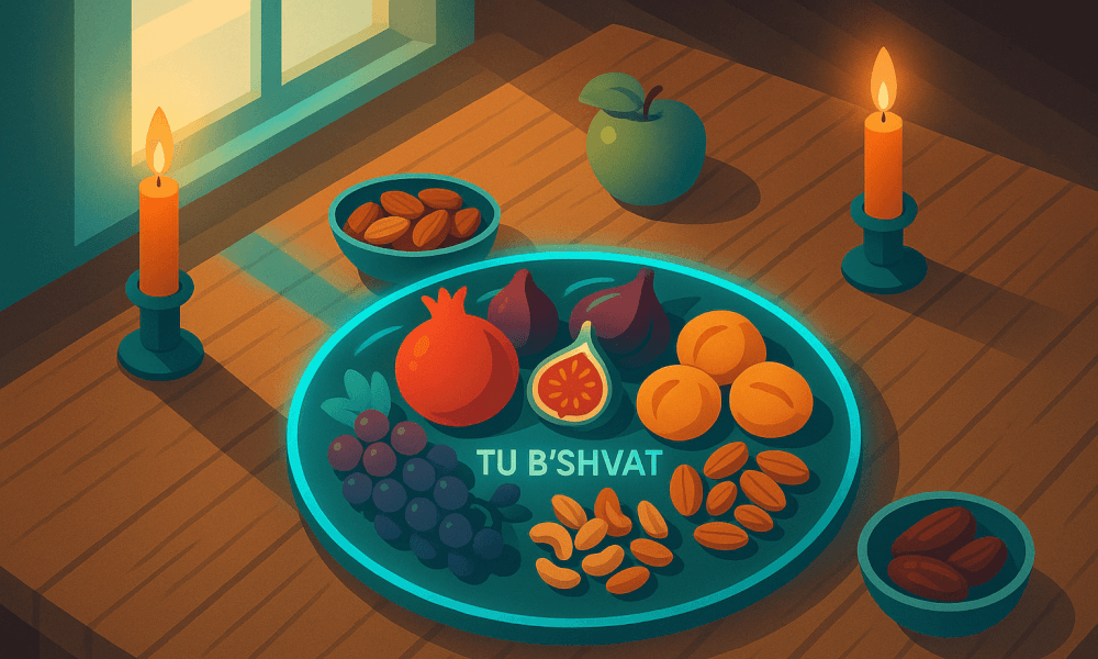 A beautifully arranged Tu B'Shvat seder plate with various fruits, nuts, and candles, symbolizing the Jewish New Year for Trees.