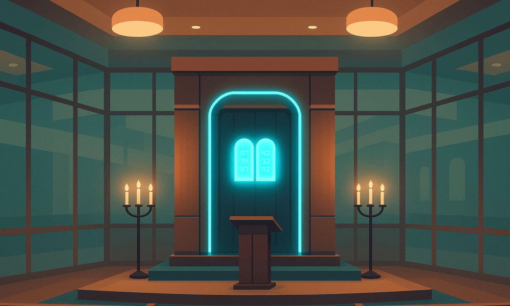 A modern Aron Kodesh with glowing elements in a synagogue, showcasing the sacred ark designed for storing Torah scrolls.