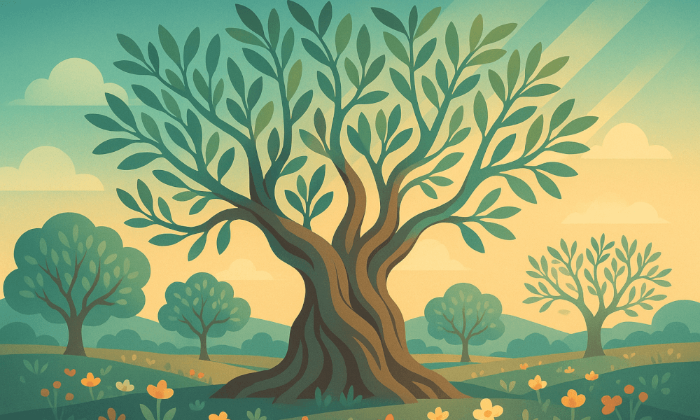 A beautiful landscape depicting trees and flowering plants, symbolizing Tu B'Shvat, the Jewish New Year for Trees, celebrated with tree planting and festive traditions.