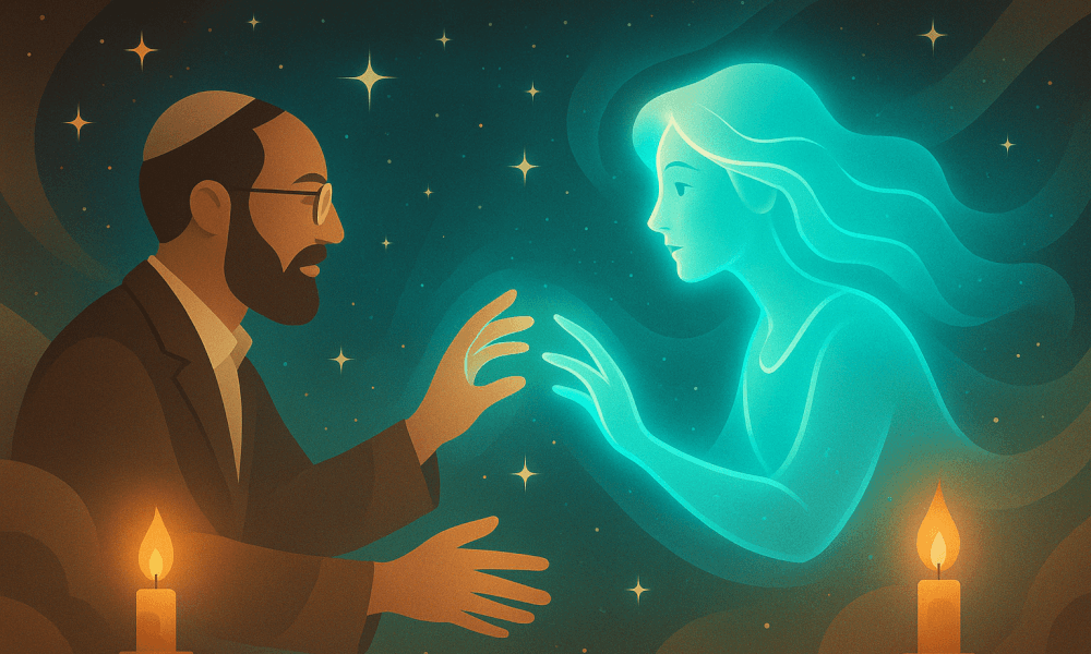 An illustration depicting a man reaching towards a glowing female figure, symbolizing the Jewish concept of beshert, or soulmate, in a mystical, starry background.