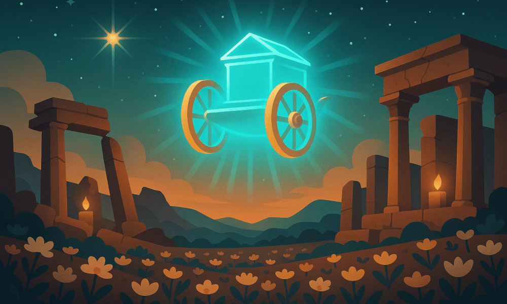 A vibrant artistic representation of Ezekiel's vision, featuring a celestial chariot with radiant light emerging above ancient ruins and a floral landscape, symbolizing the prophetic messages from the Book of Ezekiel.
