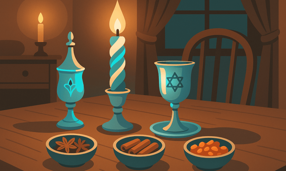 A beautifully arranged Havdalah set featuring a twisted Havdalah candle, a Kiddush cup with a Star of David, and bowls of spices, symbolizing the Jewish ritual that marks the end of Shabbat.
