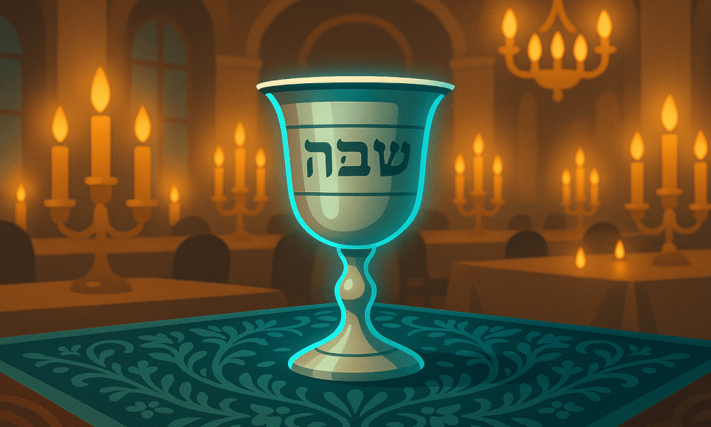 A beautifully lit scene featuring a traditional goblet on a decorated table, representing the Jewish toast 'L'chaim', which means 'to life'. The goblet includes Hebrew script and is surrounded by warm candlelight, symbolizing celebration and cultural tradition.