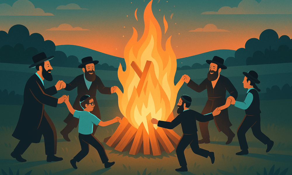 A group of people celebrating Lag BaOmer around a large bonfire, showcasing traditional customs and joy associated with the holiday.