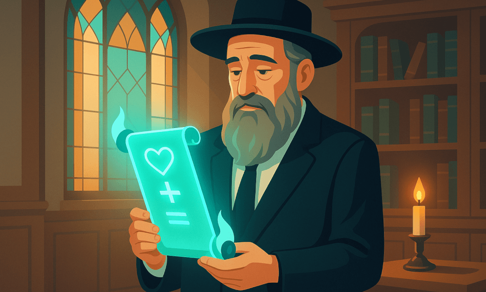 An illustration of a Jewish scholar holding a glowing scroll, symbolizing the importance of lashon hara and ethical speech in Judaism.