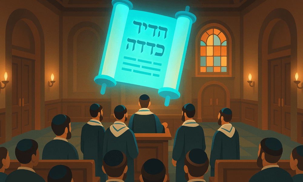 A group of mourners gathered in a synagogue for the Mourner's Kaddish prayer, with a Torah scroll prominently displayed.