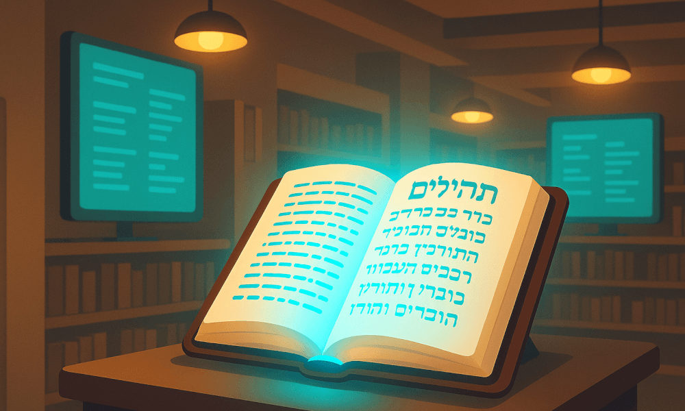 An illuminated open Tehillim book displayed on a table in a library setting, showcasing text in Hebrew and English, reflecting on Jewish prayers and the Book of Psalms.