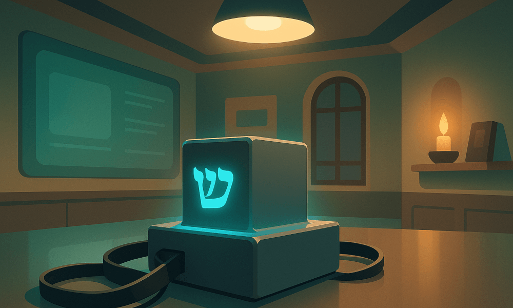 A decorative Jewish tefillin box with a glowing Hebrew letter, representing the significance of tephiline in Jewish tradition.